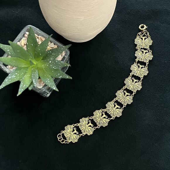 Vintage MCM Gold Tone Butterfly Link Bracelet Iridescent Finish 1960s–70s - Picture 1 of 10